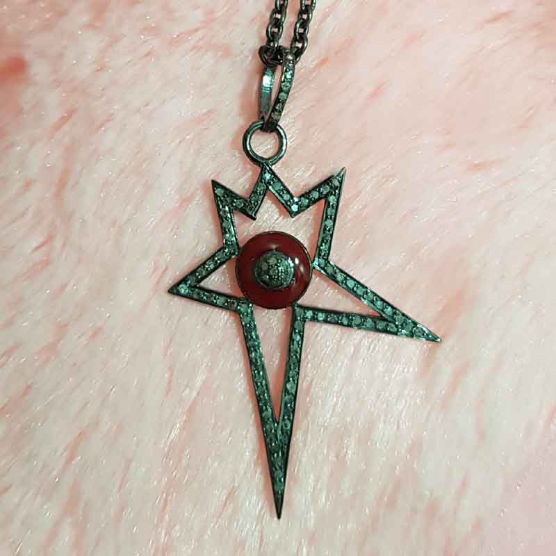 Red Enamel Starburst Pave Diamond 925 Sterling Silver Designer Pendant, Unique Star Shape, Wedding Gift