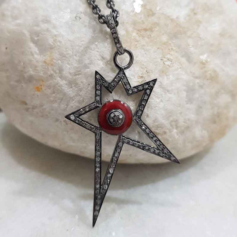 Red Enamel Starburst Pave Diamond 925 Sterling Silver Designer Pendant, Unique Star Shape, Wedding Gift