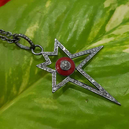 Red Enamel Starburst Pave Diamond 925 Sterling Silver Designer Pendant, Unique Star Shape, Wedding Gift