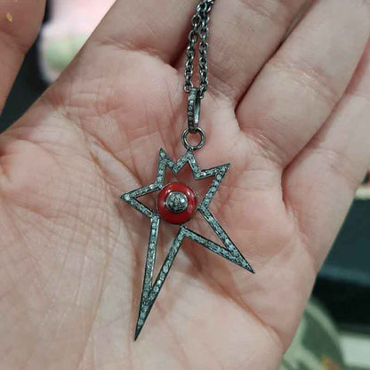 Red Enamel Starburst Pave Diamond 925 Sterling Silver Designer Pendant, Unique Star Shape, Wedding Gift