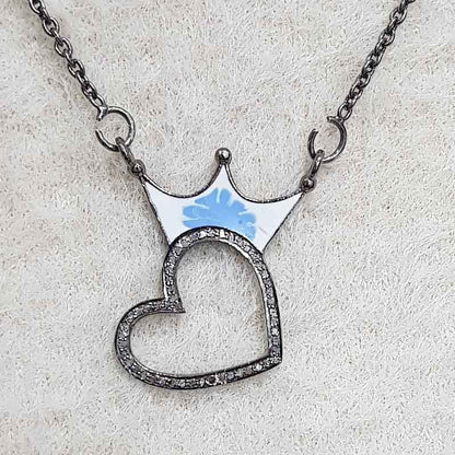 Crowned Heart Turquoise Enamel Pave Diamond Pendant, Wedding Gift, Silver Jewelry