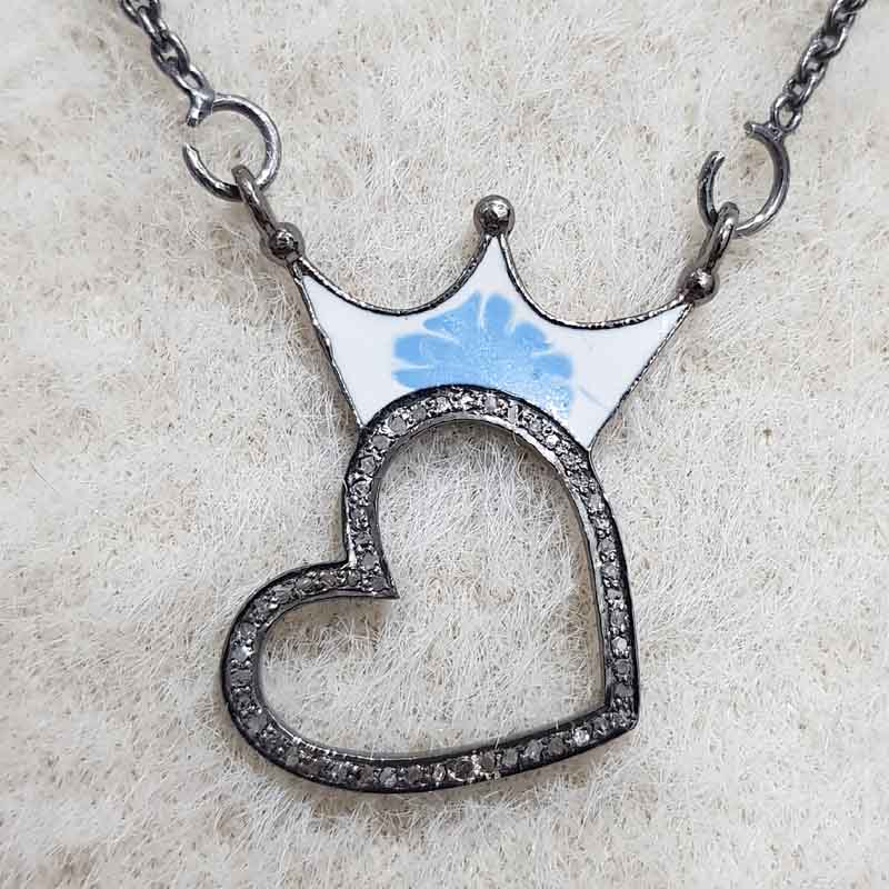 Crowned Heart Turquoise Enamel Pave Diamond Pendant, Wedding Gift, Silver Jewelry