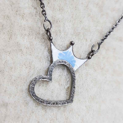 Crowned Heart Turquoise Enamel Pave Diamond Pendant, Wedding Gift, Silver Jewelry