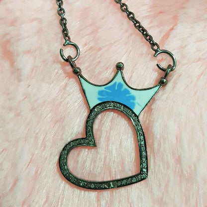 Crowned Heart Turquoise Enamel Pave Diamond Pendant, Wedding Gift, Silver Jewelry