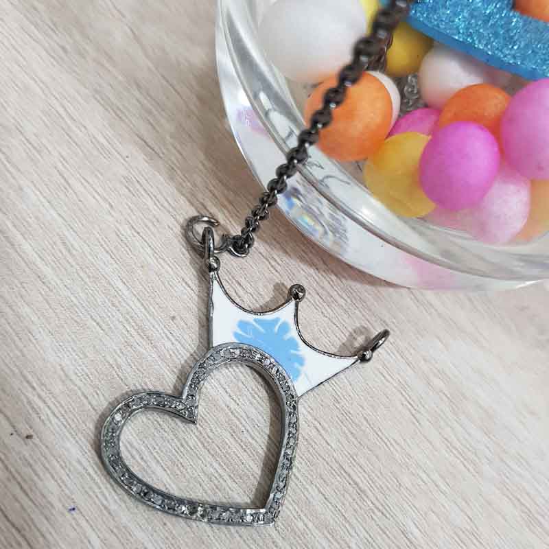 Crowned Heart Turquoise Enamel Pave Diamond Pendant, Wedding Gift, Silver Jewelry