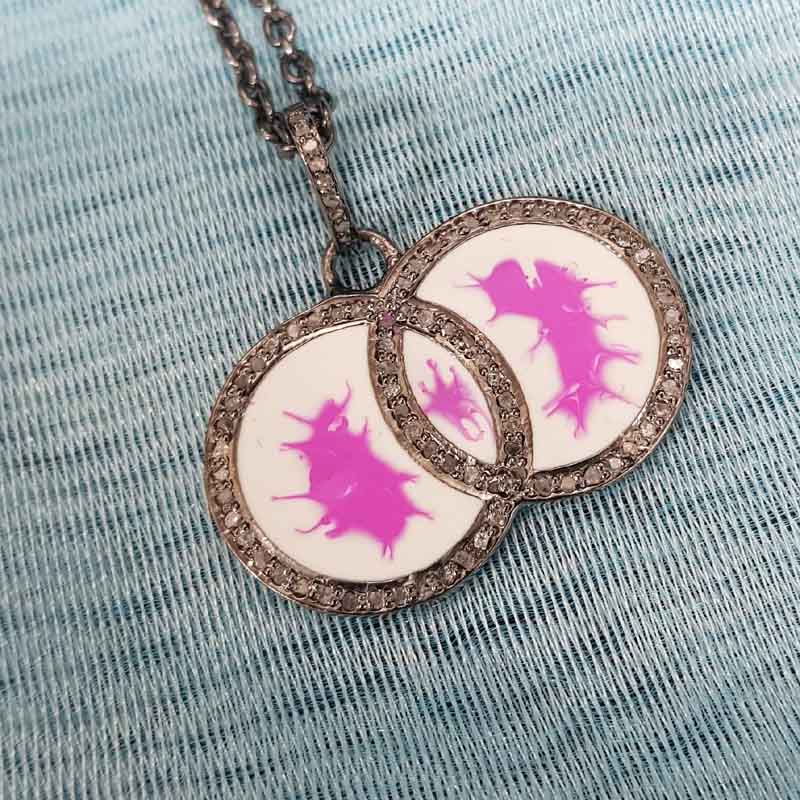 Pink Splash On White Enamel Round Fancy Style Pendant, Wedding Gift, Gift For Wife