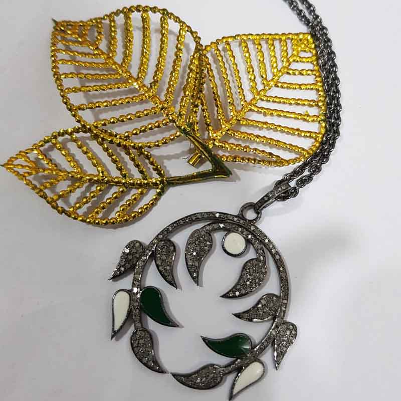 Beautifully Leaf Designer pave diamond Pendant, enamel Leaf Shape, Birthday Gift