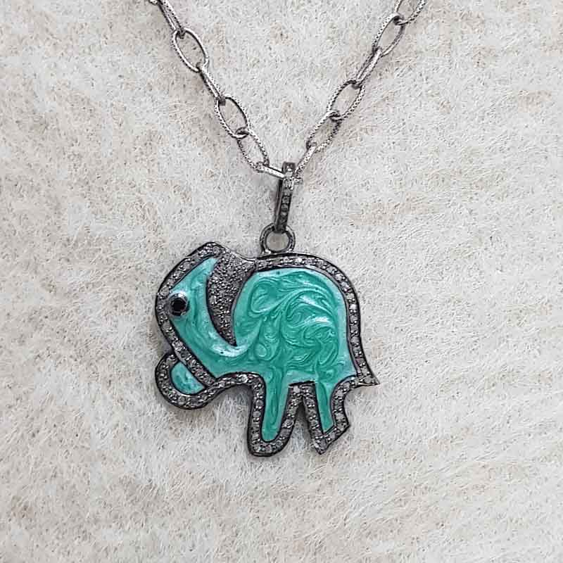 Elephant Pendant With Green and White Enamel And Pave Layers, Unique Elephant Necklace, Birthday Gift