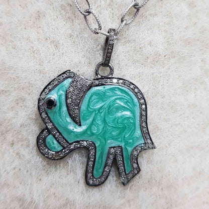 Elephant Pendant With Green and White Enamel And Pave Layers, Unique Elephant Necklace, Birthday Gift