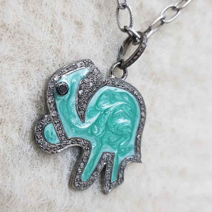 Elephant Pendant With Green and White Enamel And Pave Layers, Unique Elephant Necklace, Birthday Gift