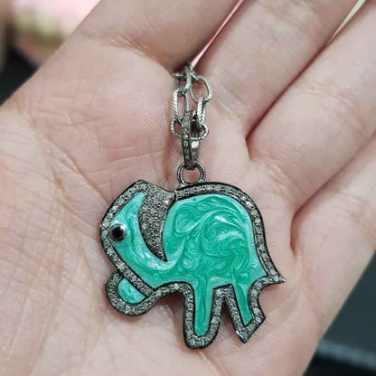 Elephant Pendant With Green and White Enamel And Pave Layers, Unique Elephant Necklace, Birthday Gift