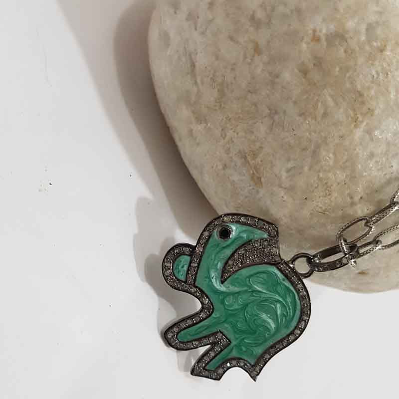 Elephant Pendant With Green and White Enamel And Pave Layers, Unique Elephant Necklace, Birthday Gift