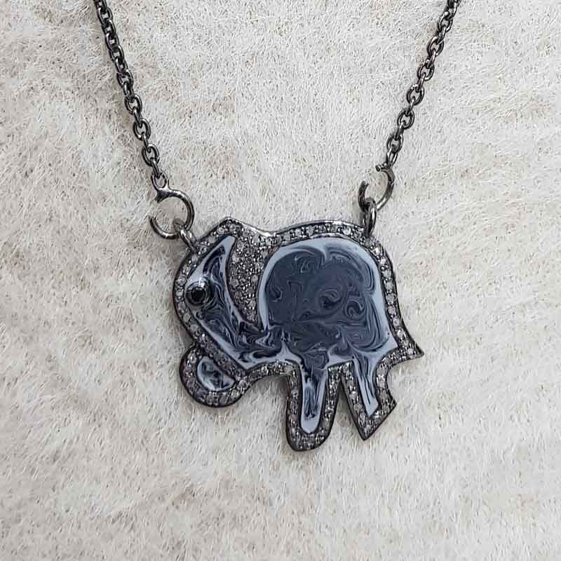 Grey Enamel Beautifully Designed Handmade Elephant Necklace Pendant, Birthday Gift