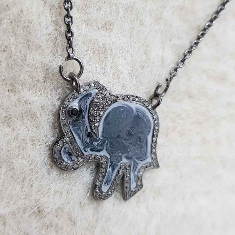 Grey Enamel Beautifully Designed Handmade Elephant Necklace Pendant, Birthday Gift