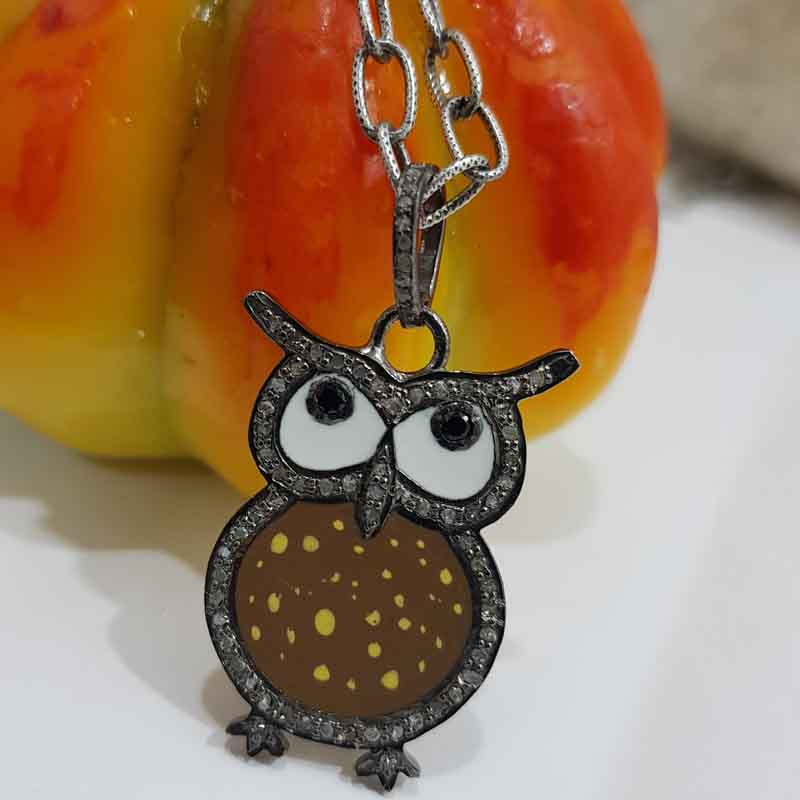 Brown Enamel Yellow Spotted Stylish Design Pave Diamond Handmade Owl Pendant, Silver Jewelry