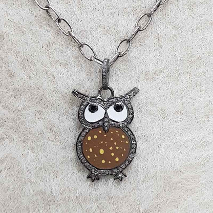 Brown Enamel Yellow Spotted Stylish Design Pave Diamond Handmade Owl Pendant, Silver Jewelry