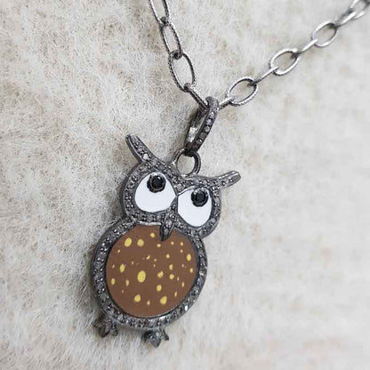 Brown Enamel Yellow Spotted Stylish Design Pave Diamond Handmade Owl Pendant, Silver Jewelry