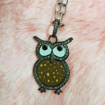 Brown Enamel Yellow Spotted Stylish Design Pave Diamond Handmade Owl Pendant, Silver Jewelry