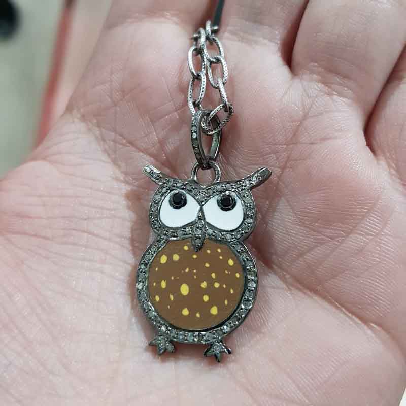 Brown Enamel Yellow Spotted Stylish Design Pave Diamond Handmade Owl Pendant, Silver Jewelry