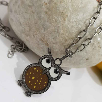 Brown Enamel Yellow Spotted Stylish Design Pave Diamond Handmade Owl Pendant, Silver Jewelry