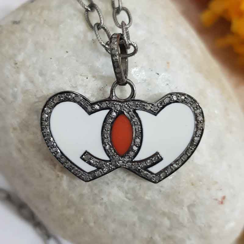 Good Looking Joined Heart Pendant With Enamel And Pave Layers, Valentine's Day Gift, Gift For Love Bird