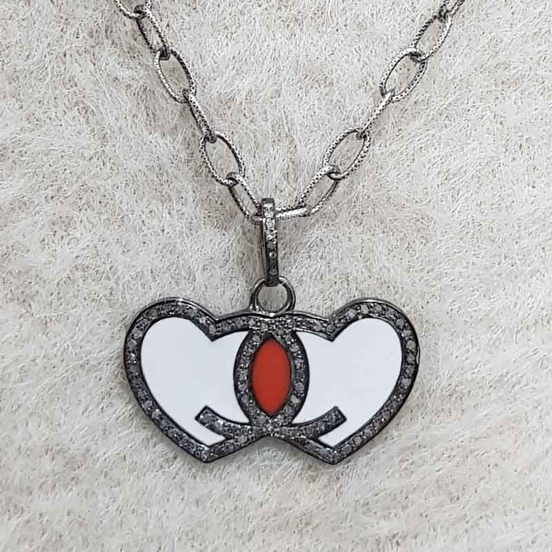 Good Looking Joined Heart Pendant With Enamel And Pave Layers, Valentine's Day Gift, Gift For Love Bird