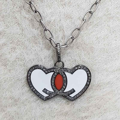 Good Looking Joined Heart Pendant With Enamel And Pave Layers, Valentine's Day Gift, Gift For Love Bird