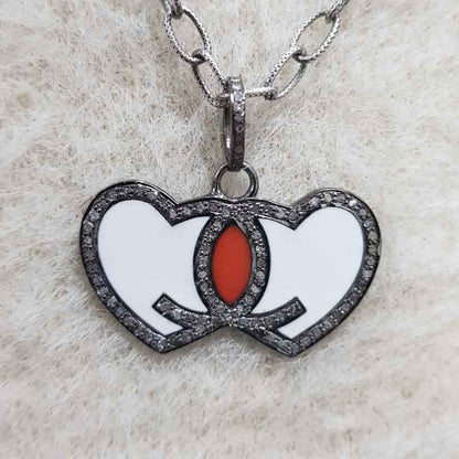 Good Looking Joined Heart Pendant With Enamel And Pave Layers, Valentine's Day Gift, Gift For Love Bird