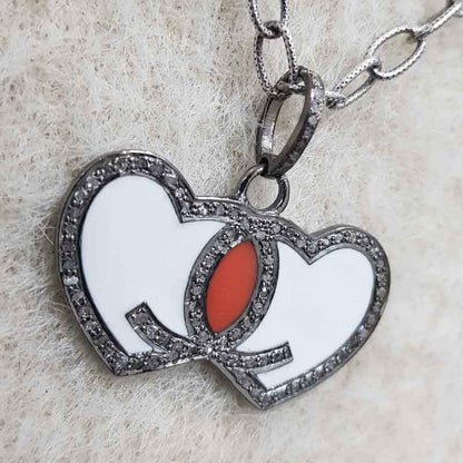 Good Looking Joined Heart Pendant With Enamel And Pave Layers, Valentine's Day Gift, Gift For Love Bird