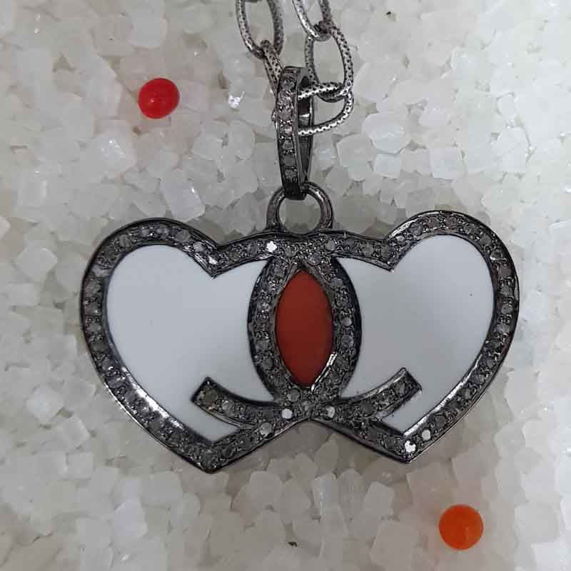 Good Looking Joined Heart Pendant With Enamel And Pave Layers, Valentine's Day Gift, Gift For Love Bird