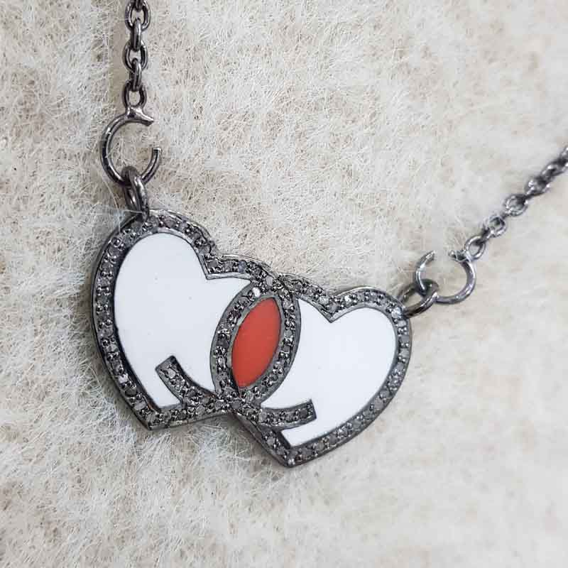 Beautifully Designed Joined Heart Pave Diamond Enamel Pendant, Cutest Gift For Lovers, Valentine's Day Gift