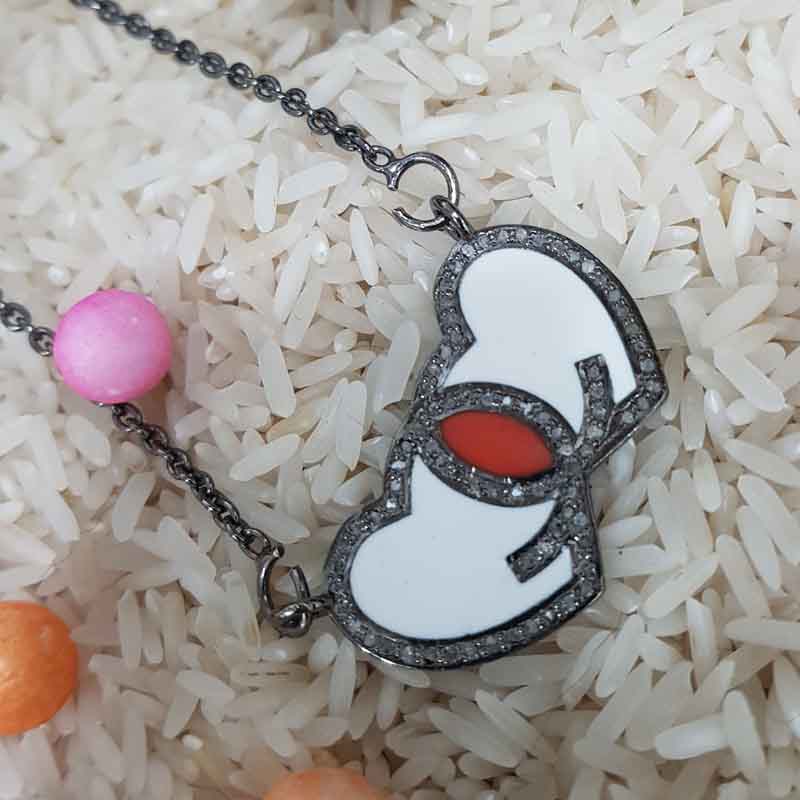 Beautifully Designed Joined Heart Pave Diamond Enamel Pendant, Cutest Gift For Lovers, Valentine's Day Gift