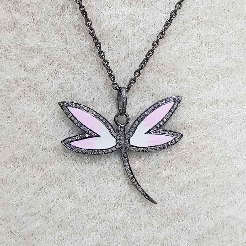 Pink And White Shade Butterfly Handmade Designer Pave Diamond 925 Silver Pendant, Unique Butterfly Necklace, Gift For Girl