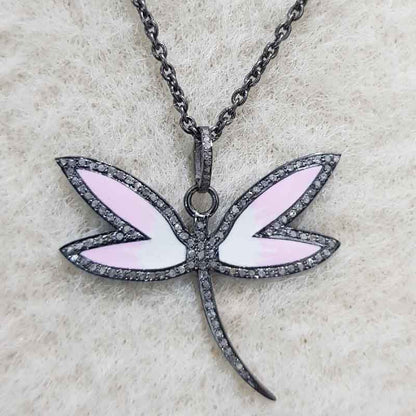 Pink And White Shade Butterfly Handmade Designer Pave Diamond 925 Silver Pendant, Unique Butterfly Necklace, Gift For Girl