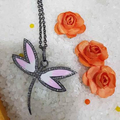 Pink And White Shade Butterfly Handmade Designer Pave Diamond 925 Silver Pendant, Unique Butterfly Necklace, Gift For Girl