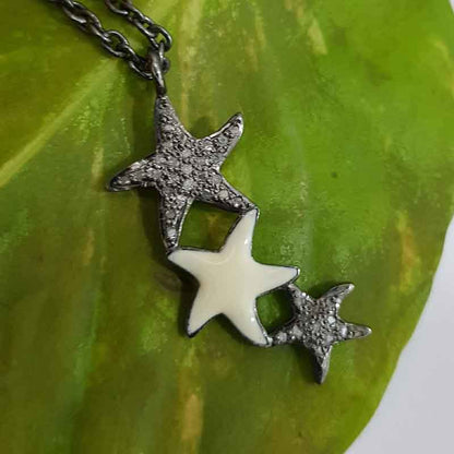 3 Layers Star With Cream Enamel Pave Diamond Pendant, Beautifully Star Necklace, Silver Jewelry, Birthday Gift