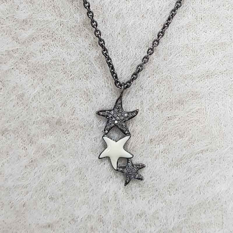 3 Layers Star With Cream Enamel Pave Diamond Pendant, Beautifully Star Necklace, Silver Jewelry, Birthday Gift