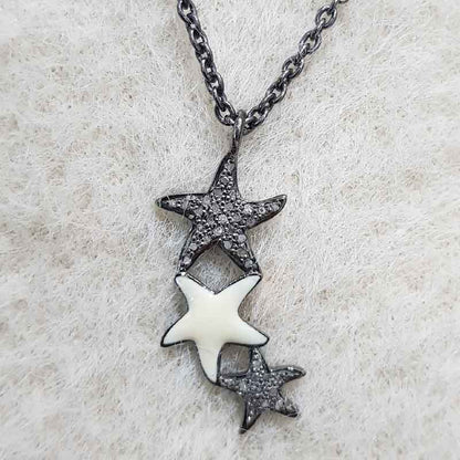 3 Layers Star With Cream Enamel Pave Diamond Pendant, Beautifully Star Necklace, Silver Jewelry, Birthday Gift