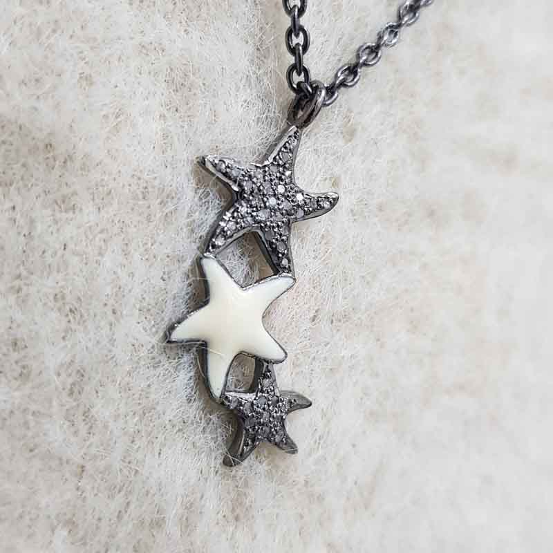 3 Layers Star With Cream Enamel Pave Diamond Pendant, Beautifully Star Necklace, Silver Jewelry, Birthday Gift