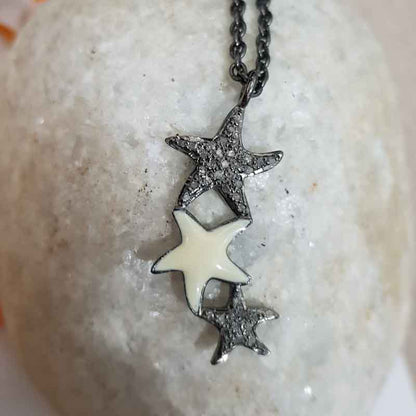 3 Layers Star With Cream Enamel Pave Diamond Pendant, Beautifully Star Necklace, Silver Jewelry, Birthday Gift