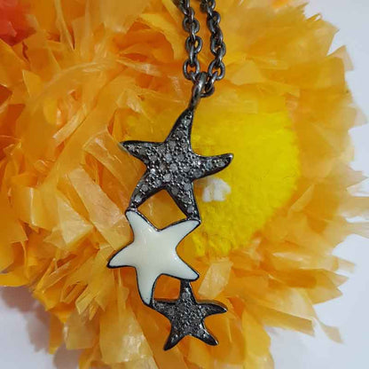 3 Layers Star With Cream Enamel Pave Diamond Pendant, Beautifully Star Necklace, Silver Jewelry, Birthday Gift