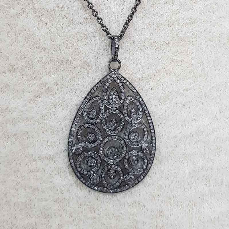 Antique Finish Designer Tear Drop Pave Diamond Pendant, Wedding Gift, Bridal Gift