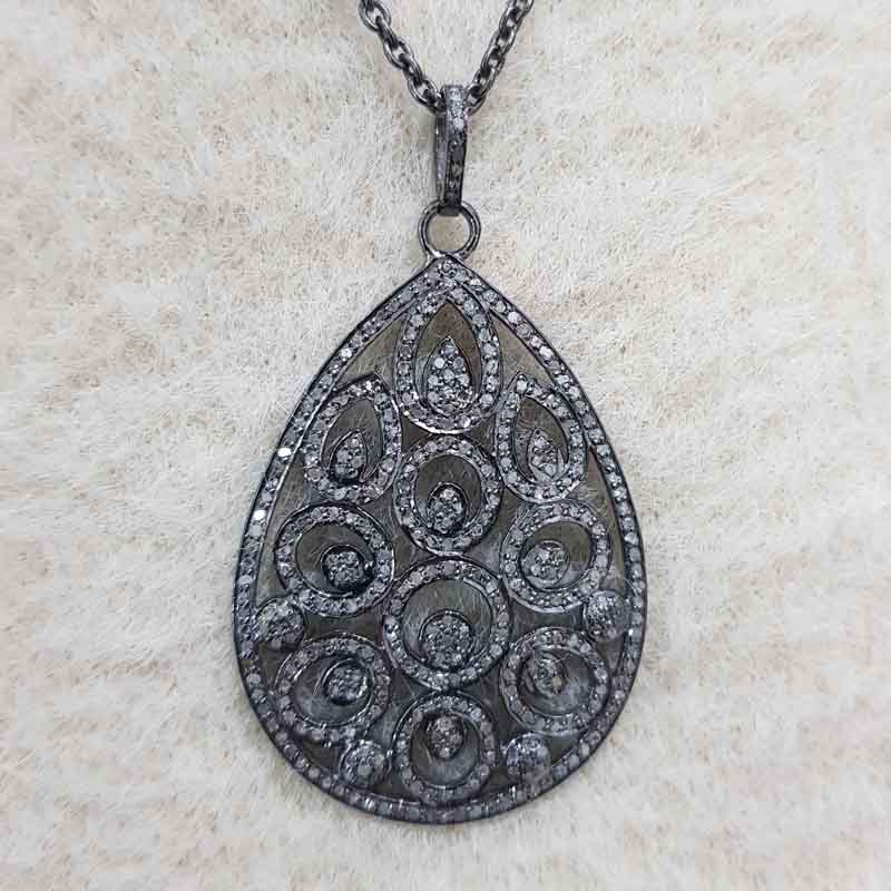 Antique Finish Designer Tear Drop Pave Diamond Pendant, Wedding Gift, Bridal Gift