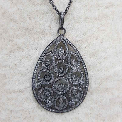 Antique Finish Designer Tear Drop Pave Diamond Pendant, Wedding Gift, Bridal Gift