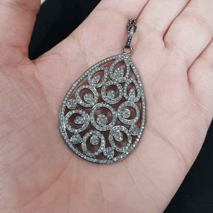 Antique Finish Designer Tear Drop Pave Diamond Pendant, Wedding Gift, Bridal Gift