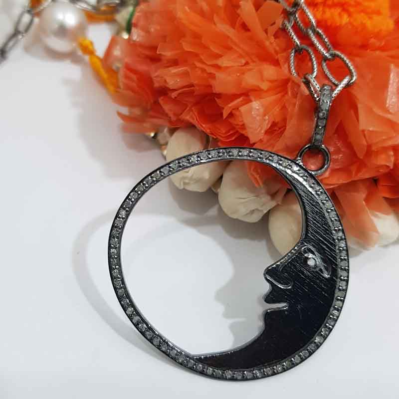 Black Beautiful Happy Moon Pendant, Stunning Moon Necklace, Gift For Favorite One, Silver Jewelry