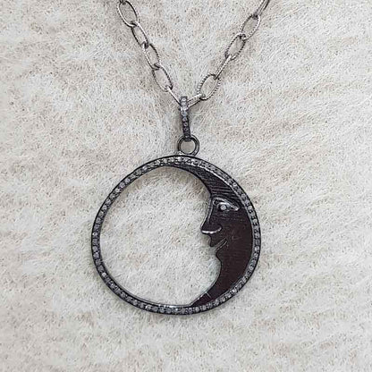 Black Beautiful Happy Moon Pendant, Stunning Moon Necklace, Gift For Favorite One, Silver Jewelry