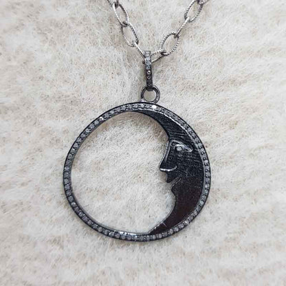 Black Beautiful Happy Moon Pendant, Stunning Moon Necklace, Gift For Favorite One, Silver Jewelry