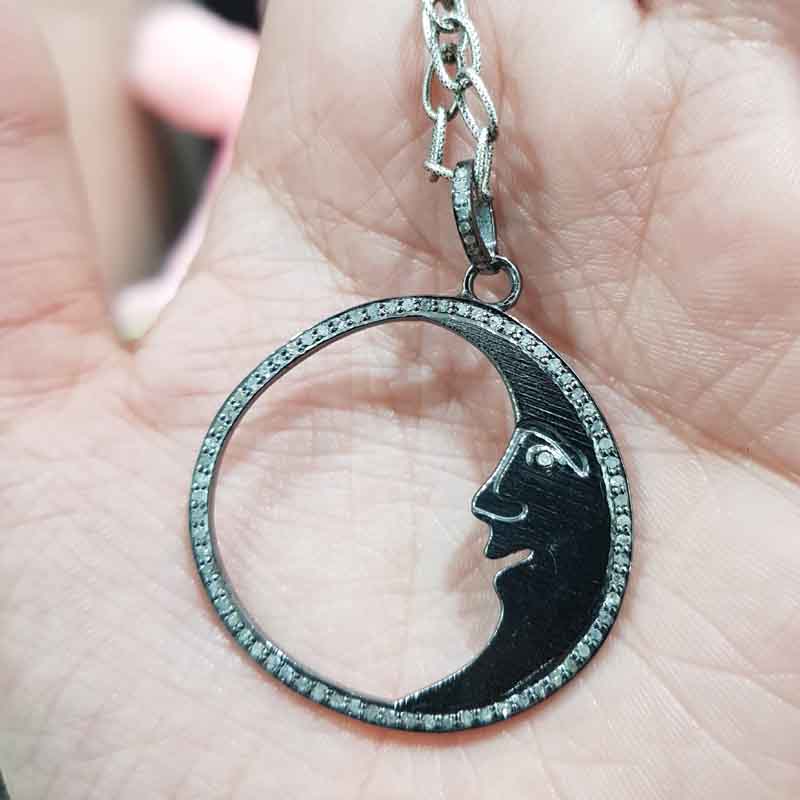 Black Beautiful Happy Moon Pendant, Stunning Moon Necklace, Gift For Favorite One, Silver Jewelry