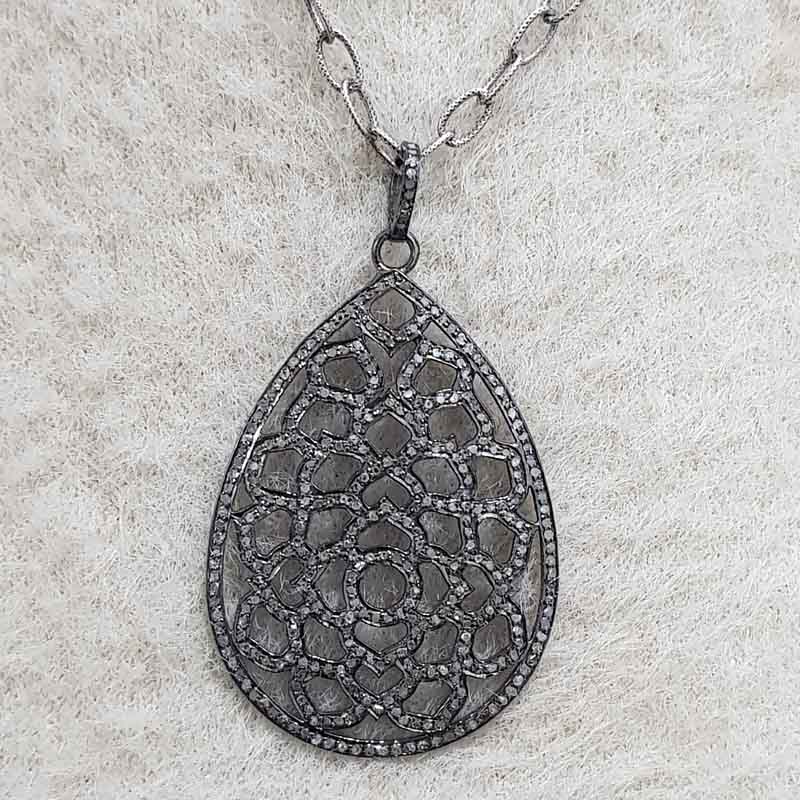 925 Sterling Silver Fancy Designer Pave Diamond Tear Drop Pendant, Silver Jewelry, Birthday Gift